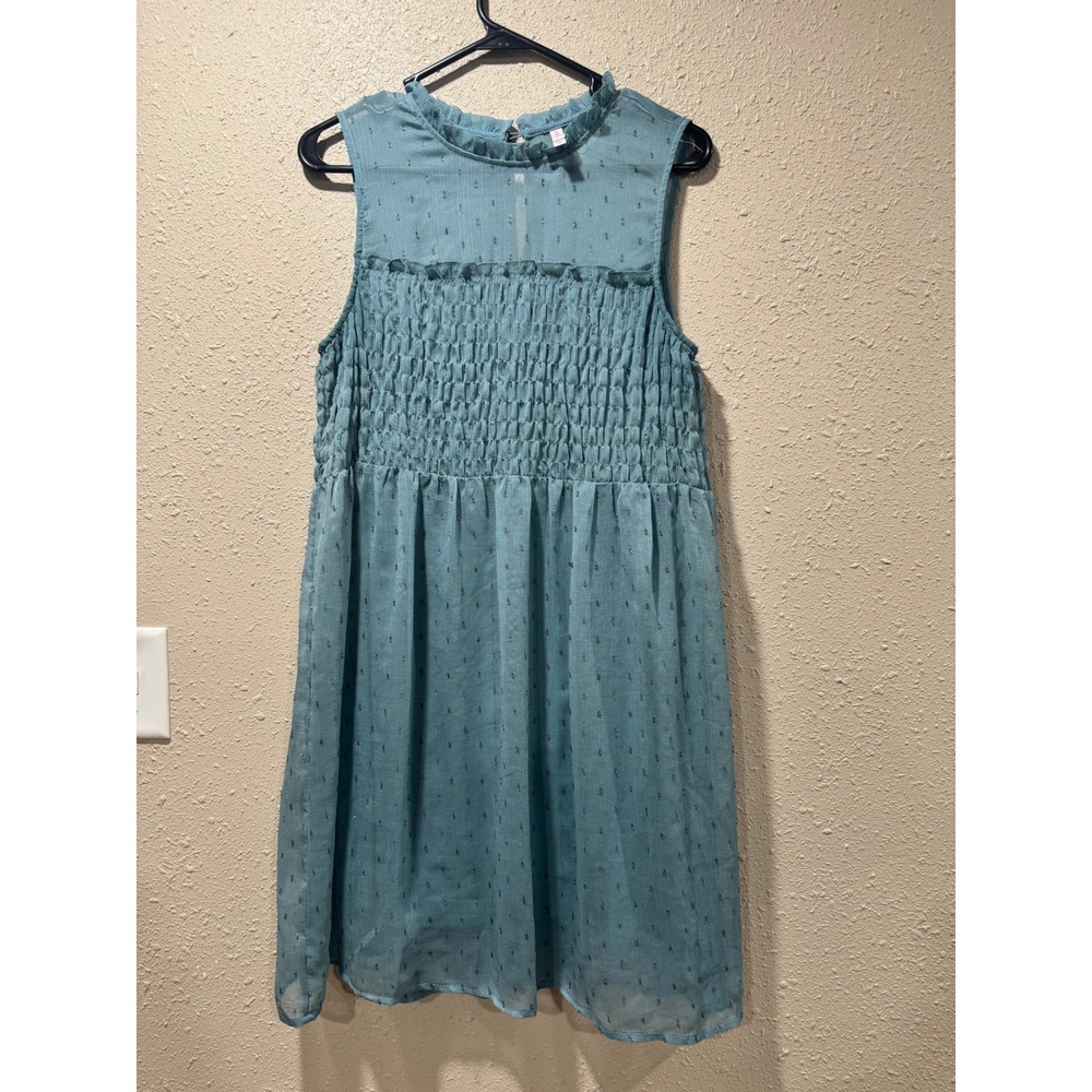 Xhilaration Blue Green Smocked Clip Dot Mini Dress Metallic Accents Womens M